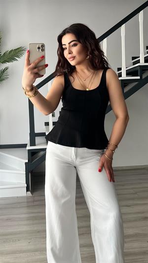 Siyah Kalın Askılı Peplum Bluz