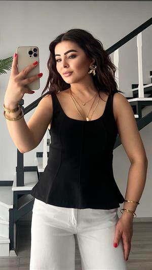 Siyah Kalın Askılı Peplum Bluz