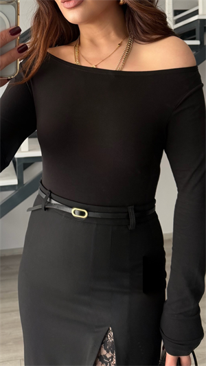 Siyah Kayık Yaka Bodysuit