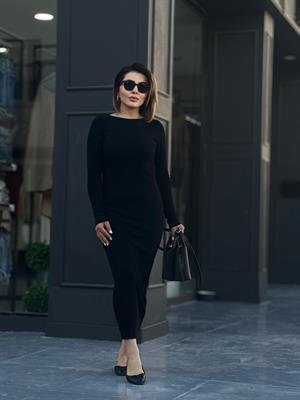 Siyah Kayık Yaka İnce Fitilli Elbise 