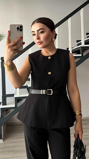 Siyah Kemerli Gold Düğme Duble Crep Yelek