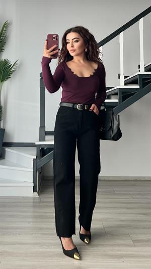 Siyah Kemerli Kesik Paça Premium Jean