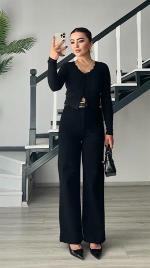 Siyah Kemerli Straight Jean