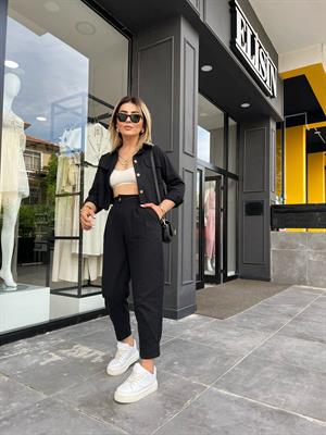 Siyah Keten Crop Ceket-Pantolon 2li Takım