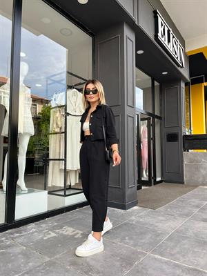 Siyah Keten Crop Ceket-Pantolon 2li Takım