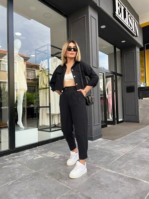 Siyah Keten Crop Ceket-Pantolon 2li Takım