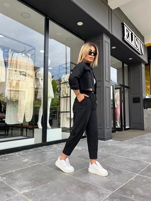 Siyah Keten Crop Ceket-Pantolon 2li Takım