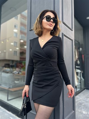 Siyah Kruvaze Drapeli Mini Elbise