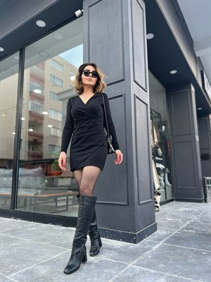 Siyah Kruvaze Drapeli Mini Elbise