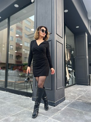Siyah Kruvaze Drapeli Mini Elbise