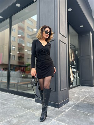 Siyah Kruvaze Drapeli Mini Elbise