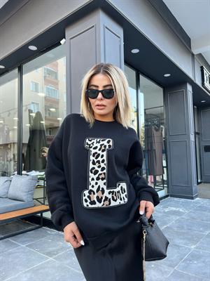 Siyah L Nakışlı Sweatshirt