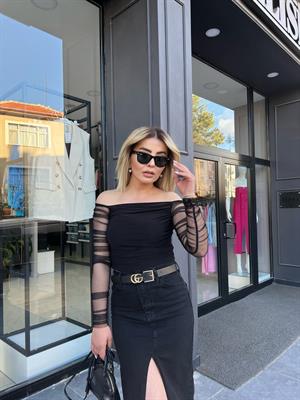 Siyah Madonna Yaka Kolları Tül Bluz
