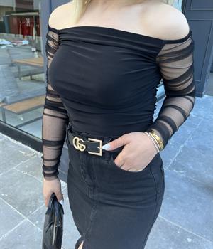 Siyah Madonna Yaka Kolları Tül Bluz