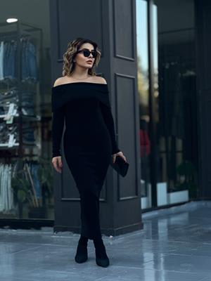 Black Madonna Neck Maxi Length Ribbed Knit Dress