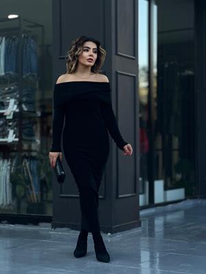 Black Madonna Neck Maxi Length Ribbed Knit Dress