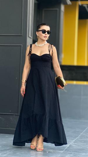 Siyah Marka Model Fırfırlı Astarlı Elbise 