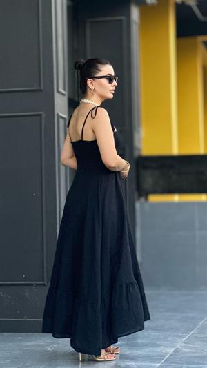 Siyah Marka Model Fırfırlı Astarlı Elbise 