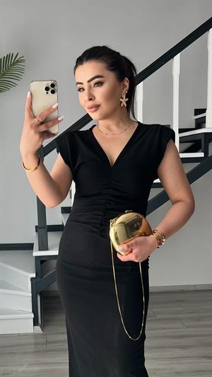 Siyah Marka Model V Yaka Önü Drapeli Midi Elbise 