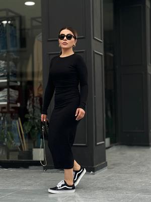 Siyah Maxi Boy Gipe Detay Basic Elbise