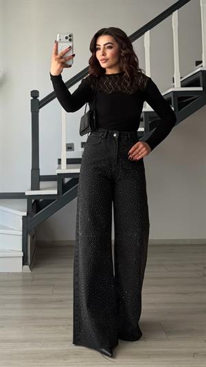 Siyah Minimal Taşlı Wide Leg Jean