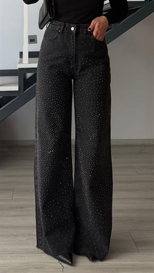 Siyah Minimal Taşlı Wide Leg Jean