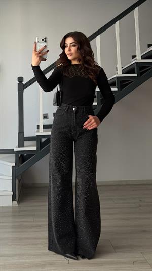 Siyah Minimal Taşlı Wide Leg Jean