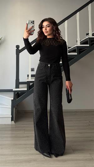 Siyah Minimal Taşlı Wide Leg Jean