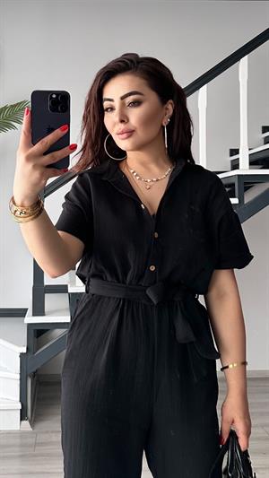 Siyah Müslin Kuşaklı Tulum