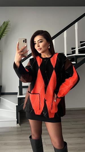 Siyah - Neon Oranj Baklava Desen Cepli Hırka 