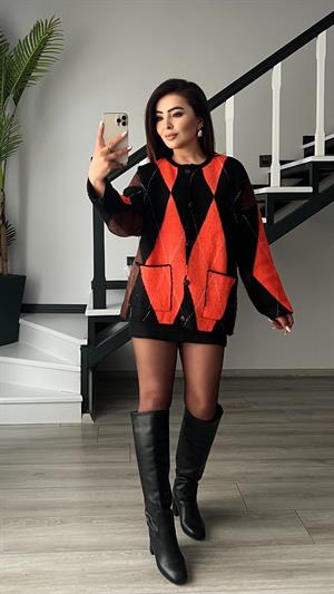 Siyah - Neon Oranj Baklava Desen Cepli Hırka 