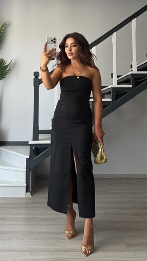 Black Strapless Dress with Front Slit