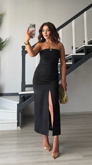 Black Strapless Dress with Front Slit