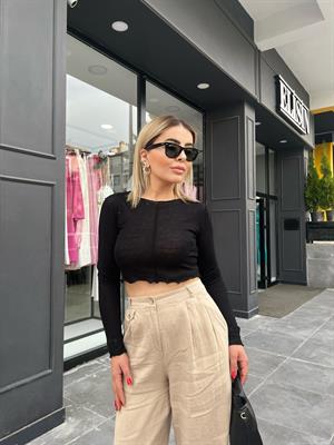 Black Semi-Transparent Blouse with Front Trim