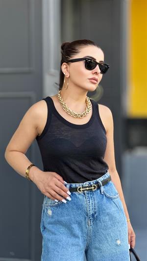 Siyah Orijinal Marka Transparan Halter Yaka Atlet