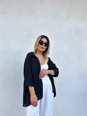 Siyah Oversize Tensel Gömlek 