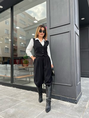 Siyah Paça Düğmeli Şalvar Pantolon
