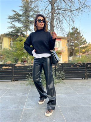 Siyah Parçalı Deri Palazzo Pantolon
