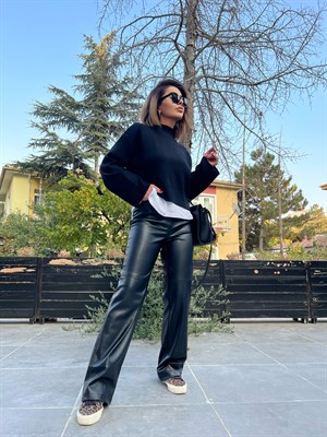 Siyah Parçalı Deri Palazzo Pantolon