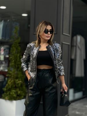 Siyah Payetli Bomber Ceket 