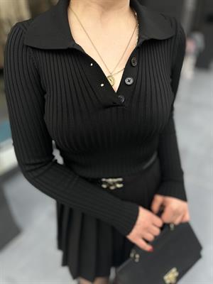 Black Polo Collar Button-Down Ribbed Bodysuit
