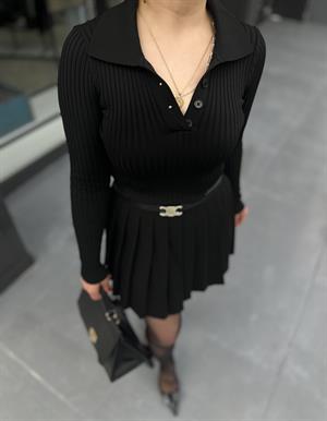 Black Polo Collar Button-Down Ribbed Bodysuit