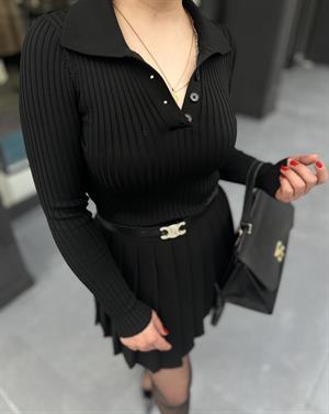 Black Polo Collar Button-Down Ribbed Bodysuit