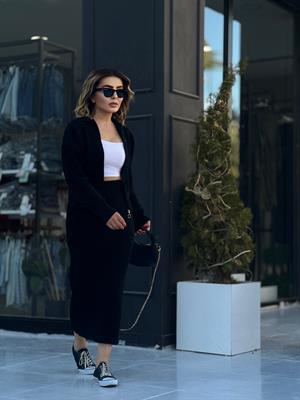 Black Polo Collar Zip-Up Skirt Set