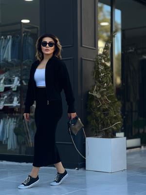 Black Polo Collar Zip-Up Skirt Set