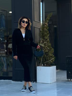 Black Polo Collar Zip-Up Skirt Set