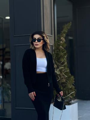 Black Polo Collar Zip-Up Skirt Set