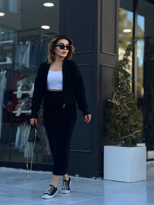 Black Polo Collar Zip-Up Skirt Set