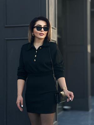 Siyah Polo Yaka Gold Düğme Detay Çelik Triko Takım 