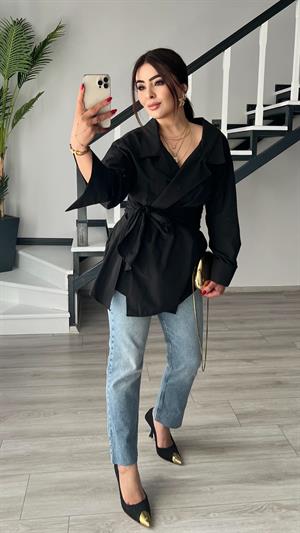 Siyah Poplin Kuşaklı Tasarım Gömlek